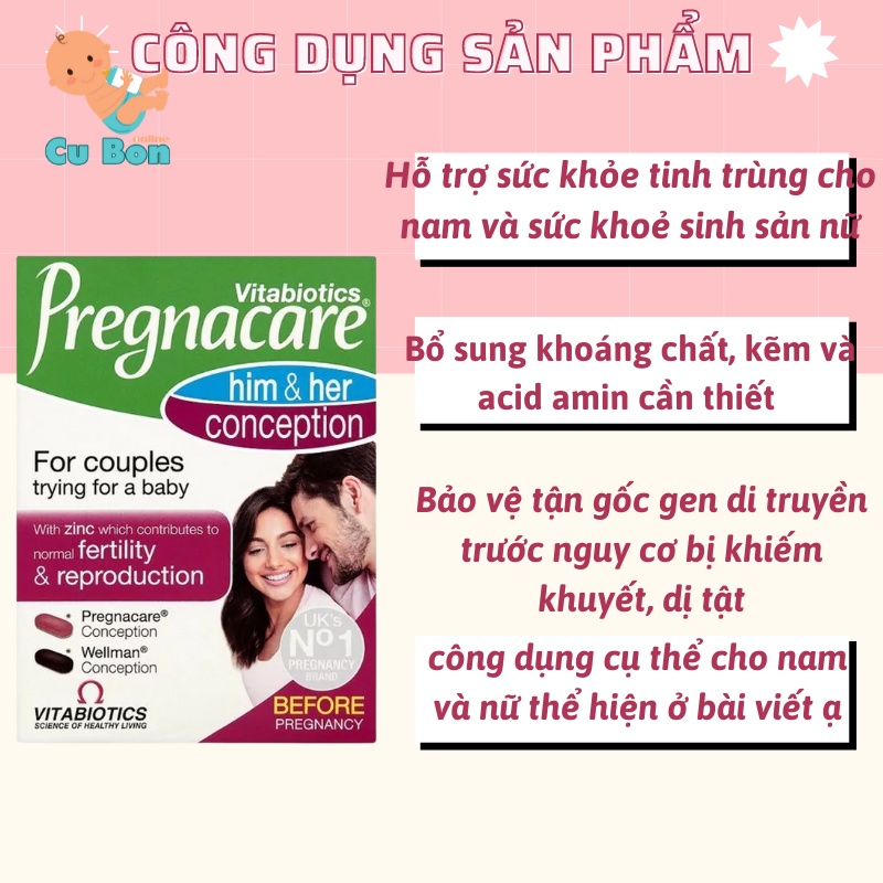 Viên uống tăng khả năng thụ thai cho nam nữ Pregnacare Him and Her Conception 60 viên của Anh Quốc dành cho cả nam và nữ