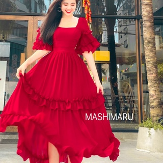 Đầm maxi tay ngắn bèo tầng cột nơ lưng hở lưng chất voan cao cấp thời trang nữ hàng thiết kế