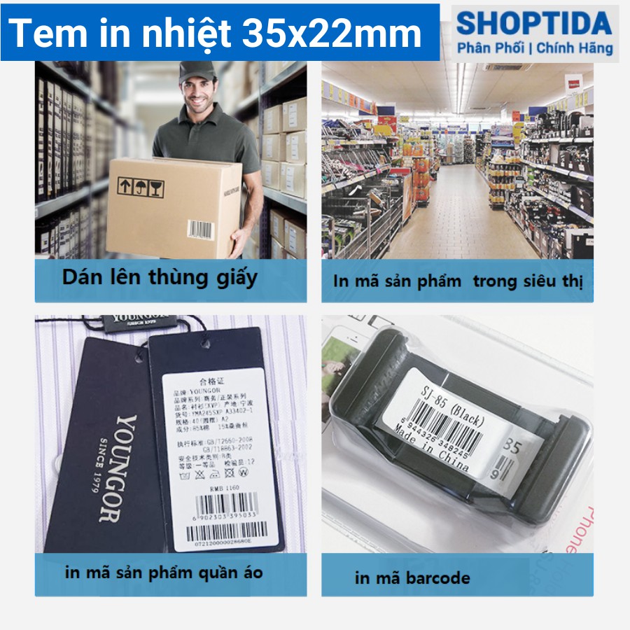 Tem in nhiệt Shoptida loại 2400 tem 35*22mm in minicode, barcode, 2 tem 1 hàng, sử dụng cho máy in nhiệt Shoptida SP4