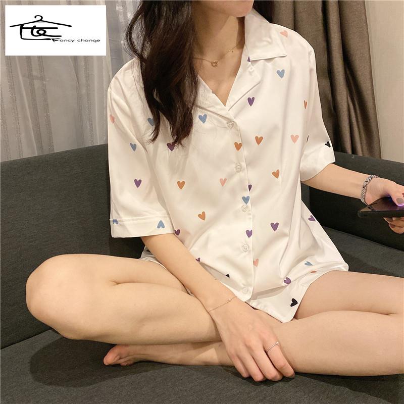 Bộ Đồ Ngủ Hai Mảnh Dáng Rộng In Họa Tiết Trái Tim Nhiều Màu Sắc Phong Cách Hàn Quốc Thời Trang Mùa Hè Cho Nữ