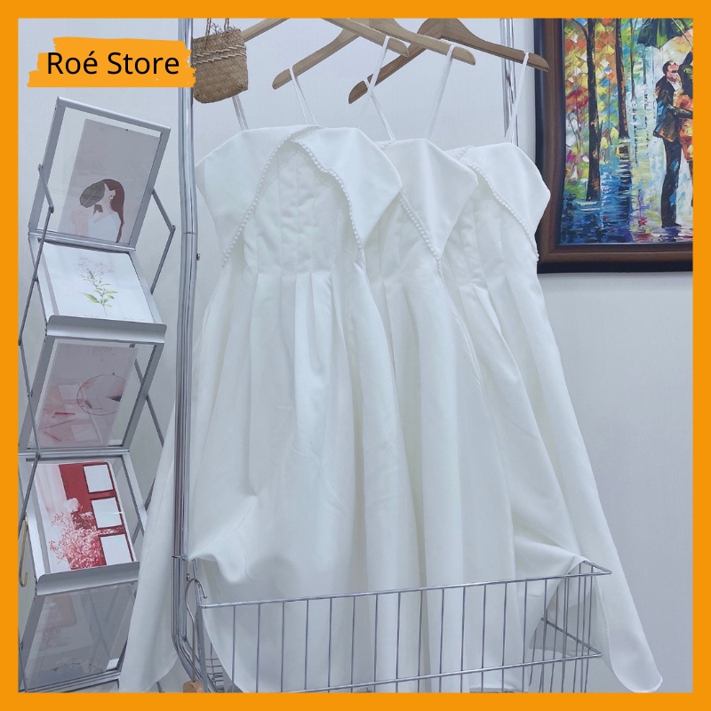 Đầm Váy 2 Dây Xoè Dáng Dài Cổ Bèo Màu Trắng - Vải Thô Cao Cấp Mềm Mịn, Roé Store