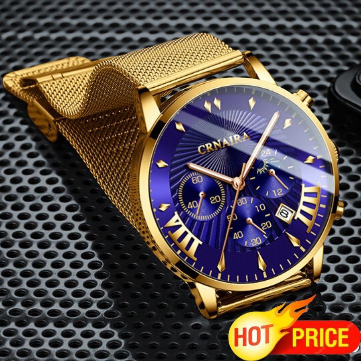 Đồng hồ nam CRNAIRA - CR 851 Mặt xanh ngọc, dây lưới vàng, sang trọng đẳng cấp 6 kim, có ngày tháng, uy tín chất lượng