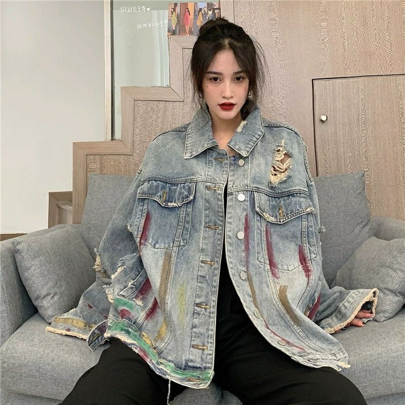 Áo khoác jeans sơn vệt nam nữ cá tính