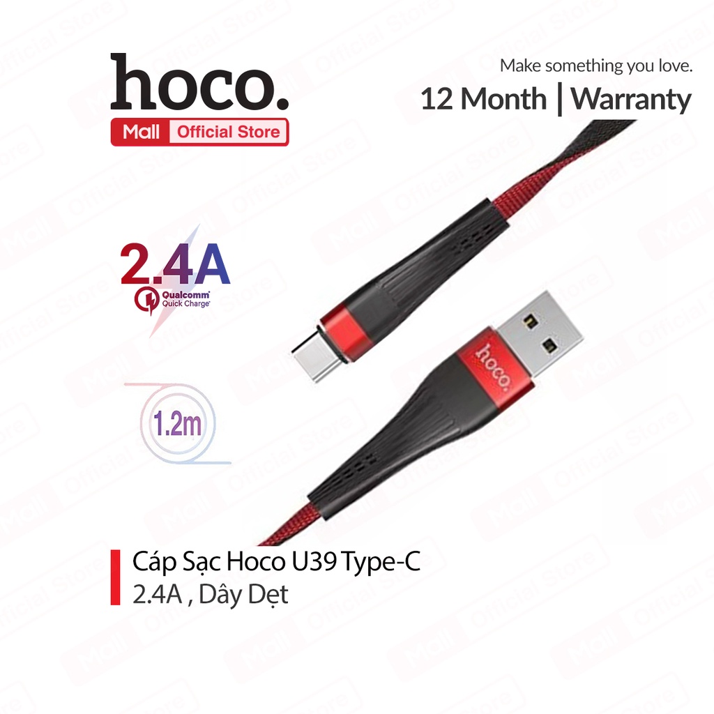 Cáp sạc Hoco U39 Type-C sạc nhanh 2.4A dây dẹt chống rối dài 1.2M