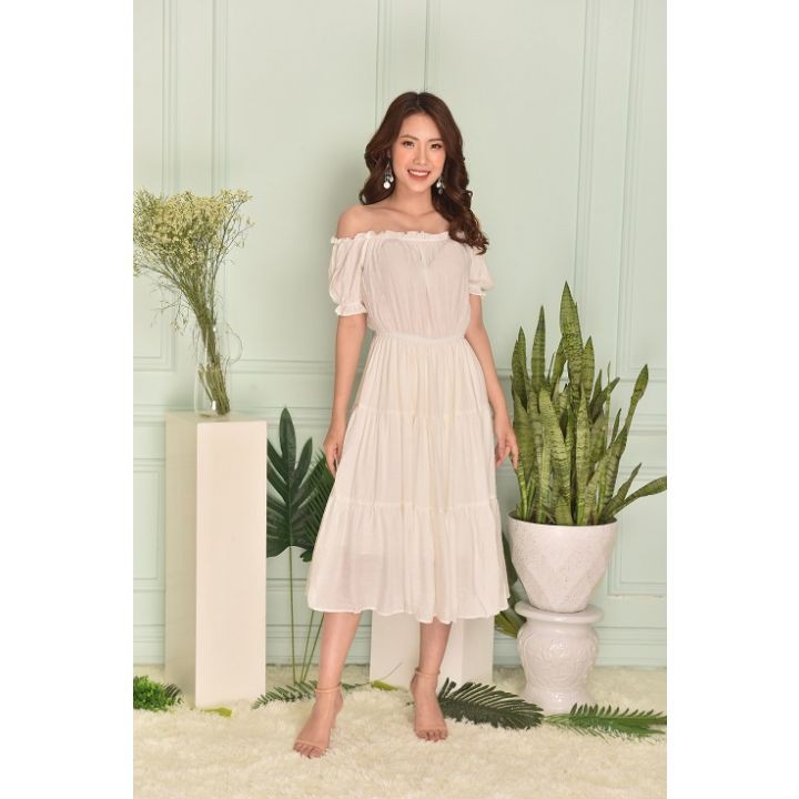 Váy maxi trắng chun vai - G Beauty