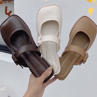 Giày không gót mũi vuông da mềm phối quai ngang mã 105