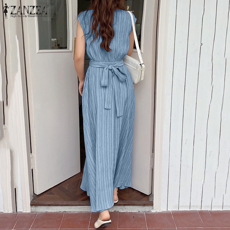 Đầm dài ZANZEA không tay cổ đứng thắt eo có thể tháo rời thời trang cho nữ