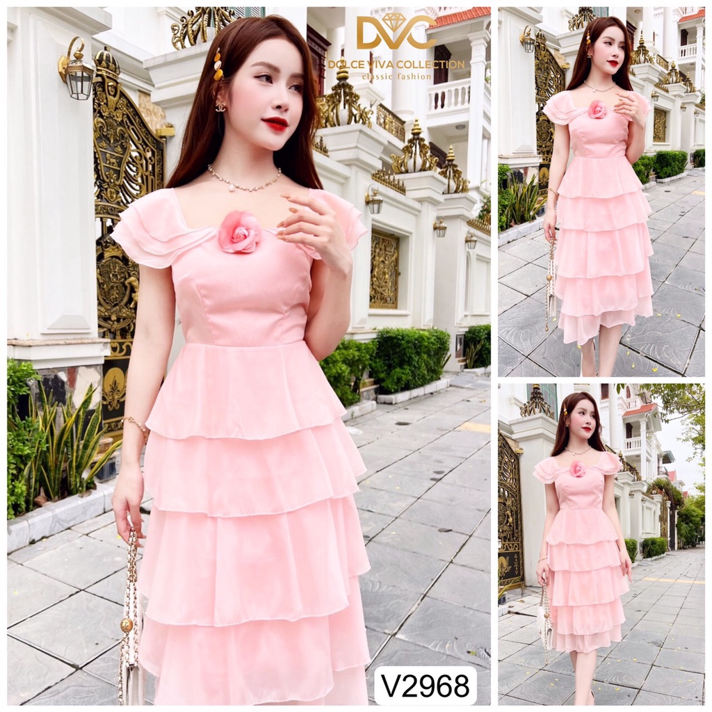 VÁY HỒNG ĐÍNH HOA NGỰC 4 TẦNG BÈO V2968-DOLCE VIVA COLLECTION