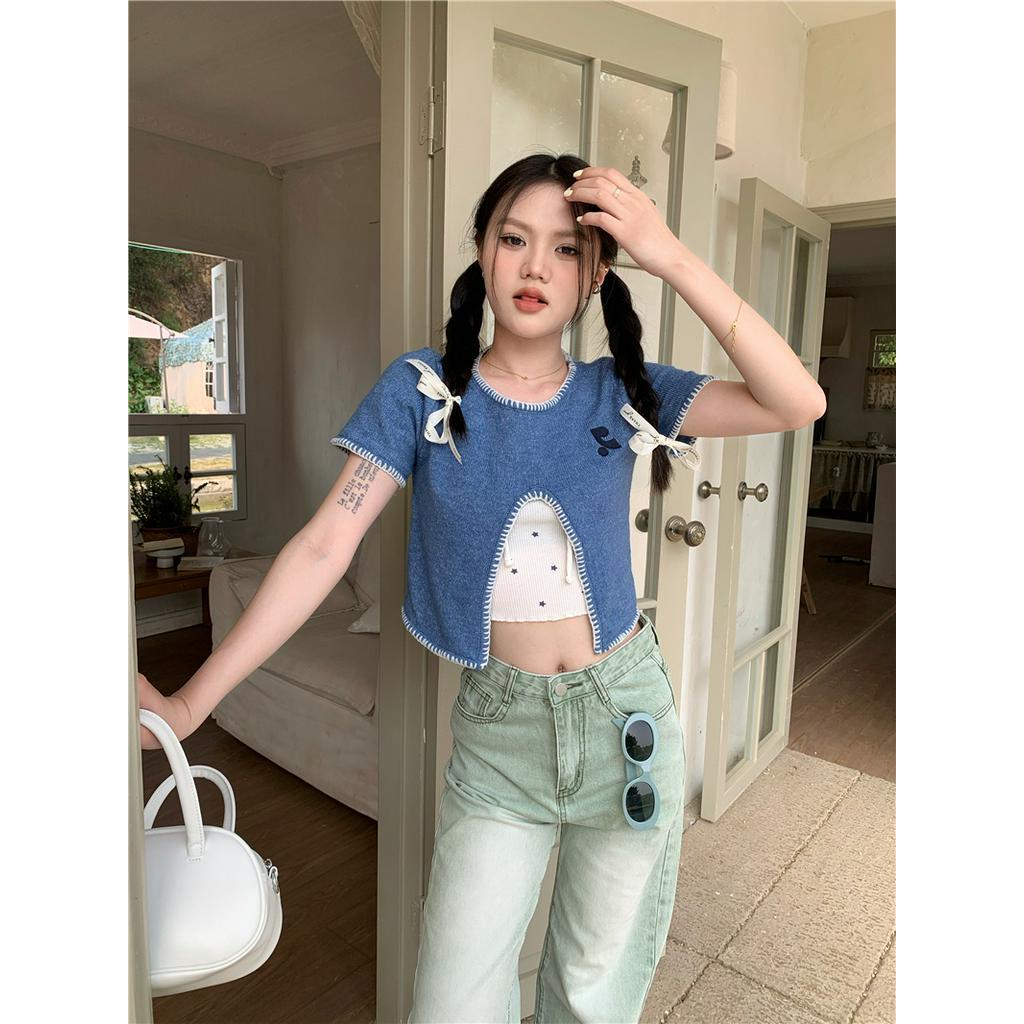 61595 Áo Dệt Kim Ngắn Tay Xẻ Tà Phía Trước