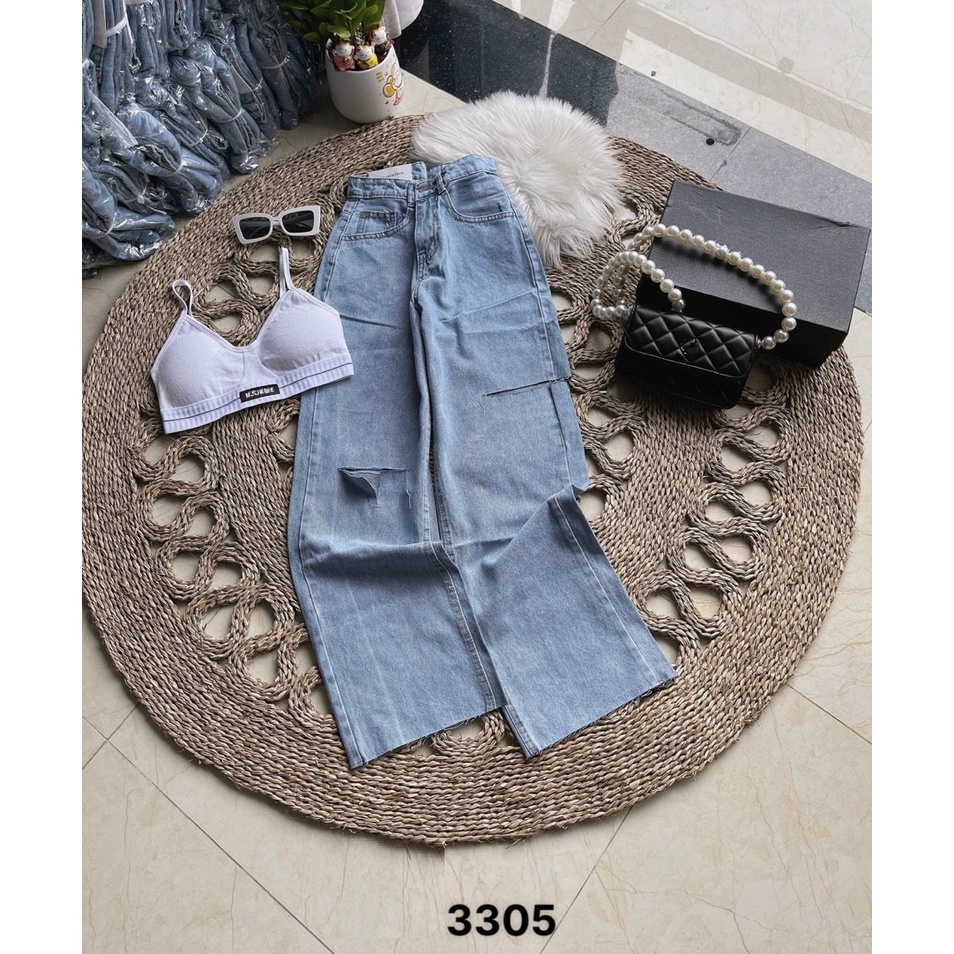 Quần jeans ống rộng rách gối - Cắt gấu OR3305