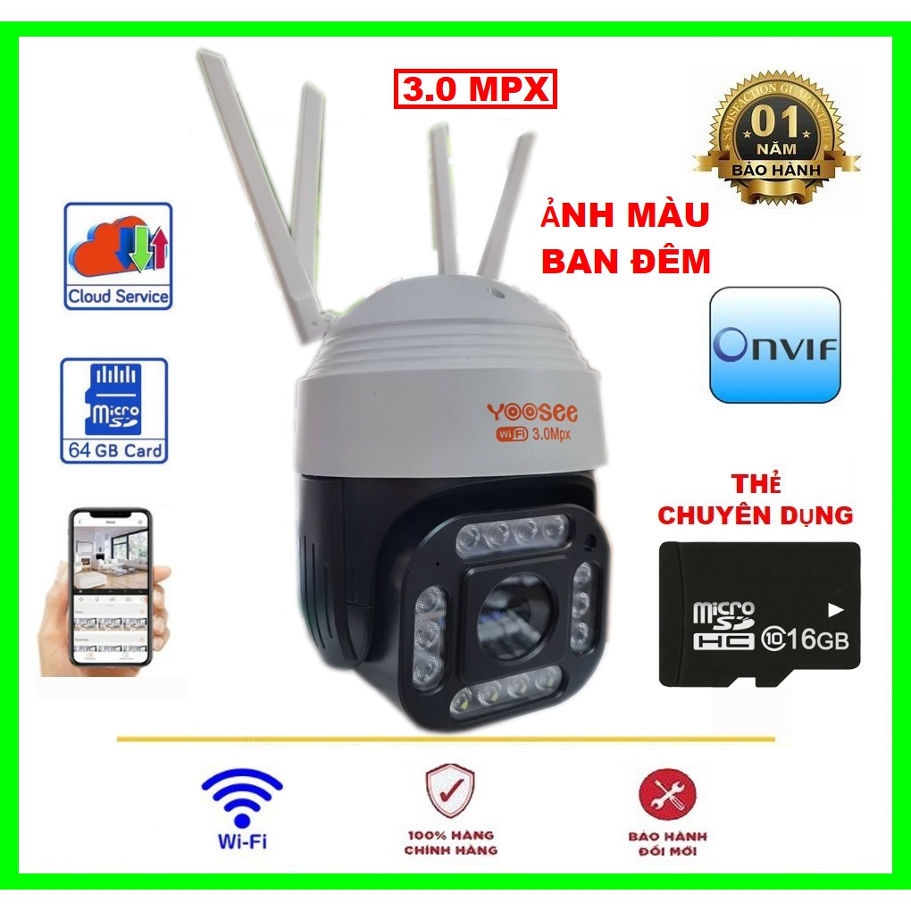 Camera ngoài trời Yoosee PTZ 14Led 3.0Mpx xoay 360 - Ban đêm ảnh màu - Bảo hành 12 tháng - Hỗ trợ thẻ nhớ lưu trữ