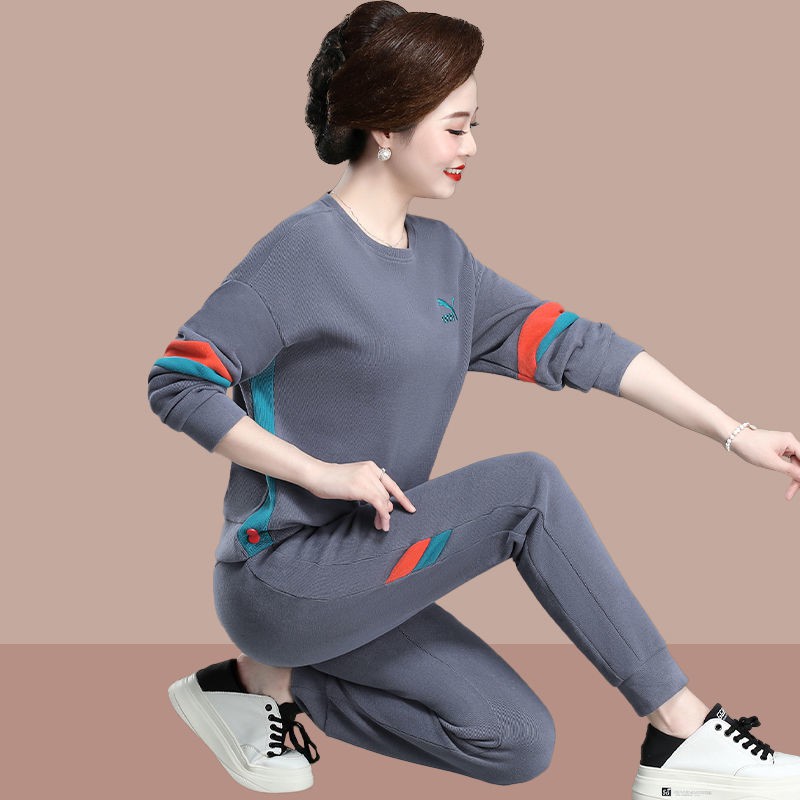 Thời trang mới 2021 áo len cổ tròn thời trang hợp thời trang trung niên và cao tuổi bộ đồ thể thao phù hợp với phong các