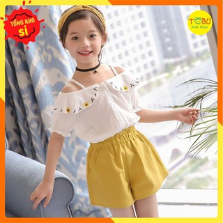 Set áo trễ vai mix quần vàng TBKS55 siêu xinh cho bé gái