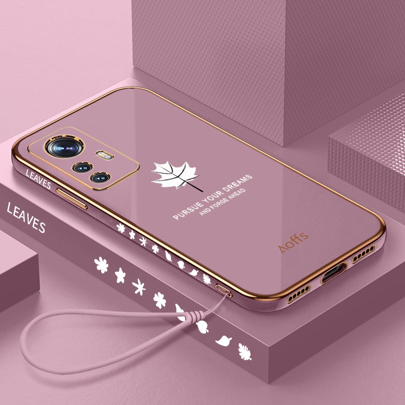Ốp Điện Thoại Mềm Thẳng Mạ Điện Họa Tiết Lá Phong Có Dây Đeo Cho Xiaomi 11 Lite 5G NE Mi 12 Lite 12x 11T 12T Pro 2022