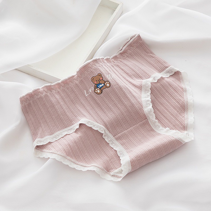 Quần Lót Nữ Cotton gân tăm viền ren thêu gấu dễ thương thoáng mát MÃ 2899