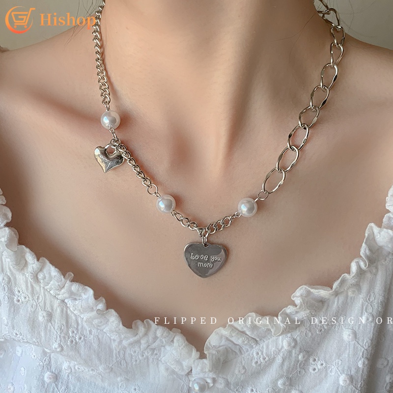 Vòng cổ ngọc trai nối mặt hình trái tim màu bạc thời trang cho nữ