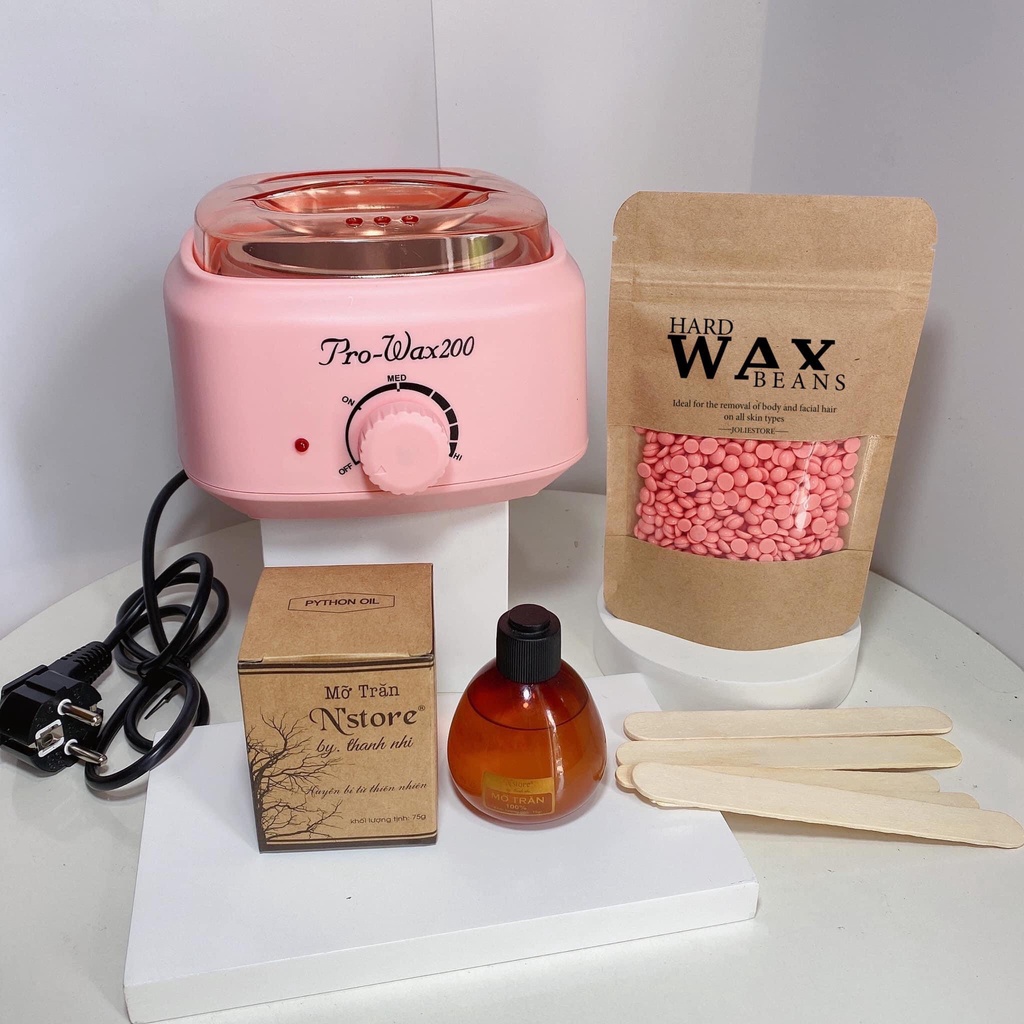 Combo triệt lông sáp wax nóng, nồi nấu sáp pro wax chống dính tặng mỡ trăn nguyên chất