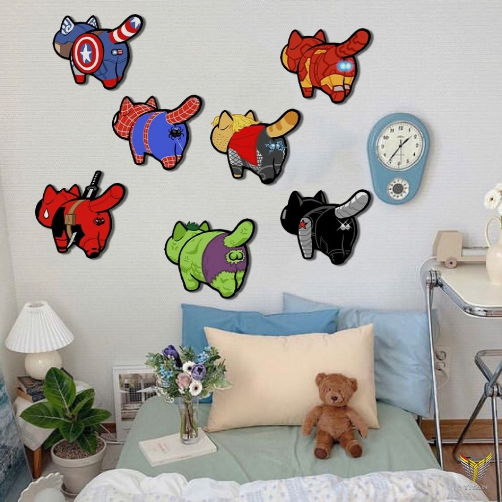 Bộ tranh dán tường 7 chú mèo siêu anh hùng Marvel, chất liệu Fomex, tranh decor trang trí nhà cửa, phòng ngủ