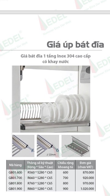 GIÁ BÁT ĐĨA 1 TẦNG INOX304 CAO CẤP - CÓ KHAY HỨNG NƯỚC