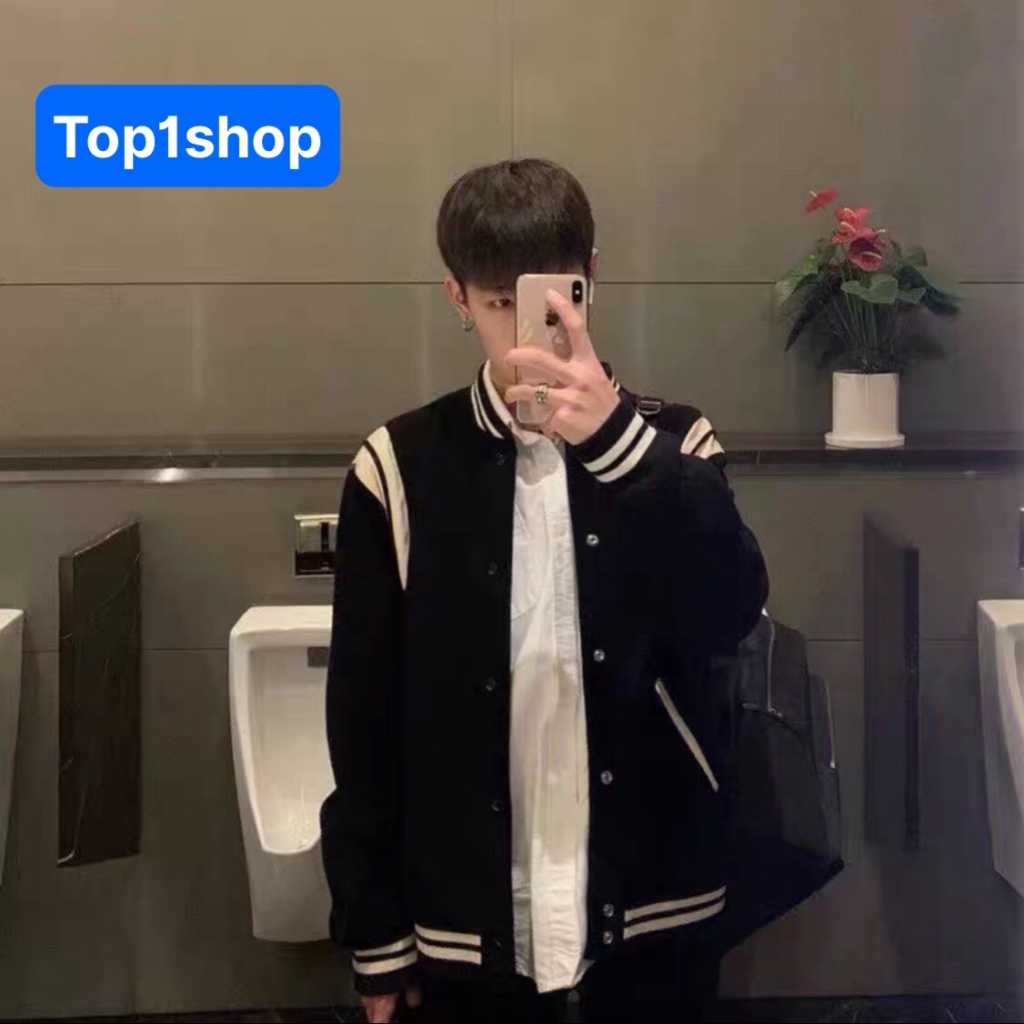 Áo khoác nam bomber hai sọc vai khóa bấm form rộng chất nỉ dày cao cấp