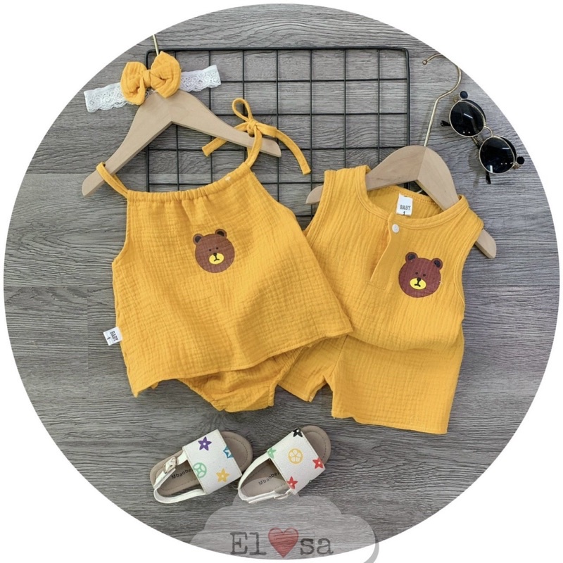 Bộ quần áo vải xô muslin kèm băng đô cho bé gái thêu hình gấu ( bộ 2 dây)