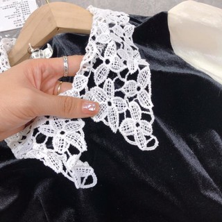 Váy nhung cổ ren tay pha tơ