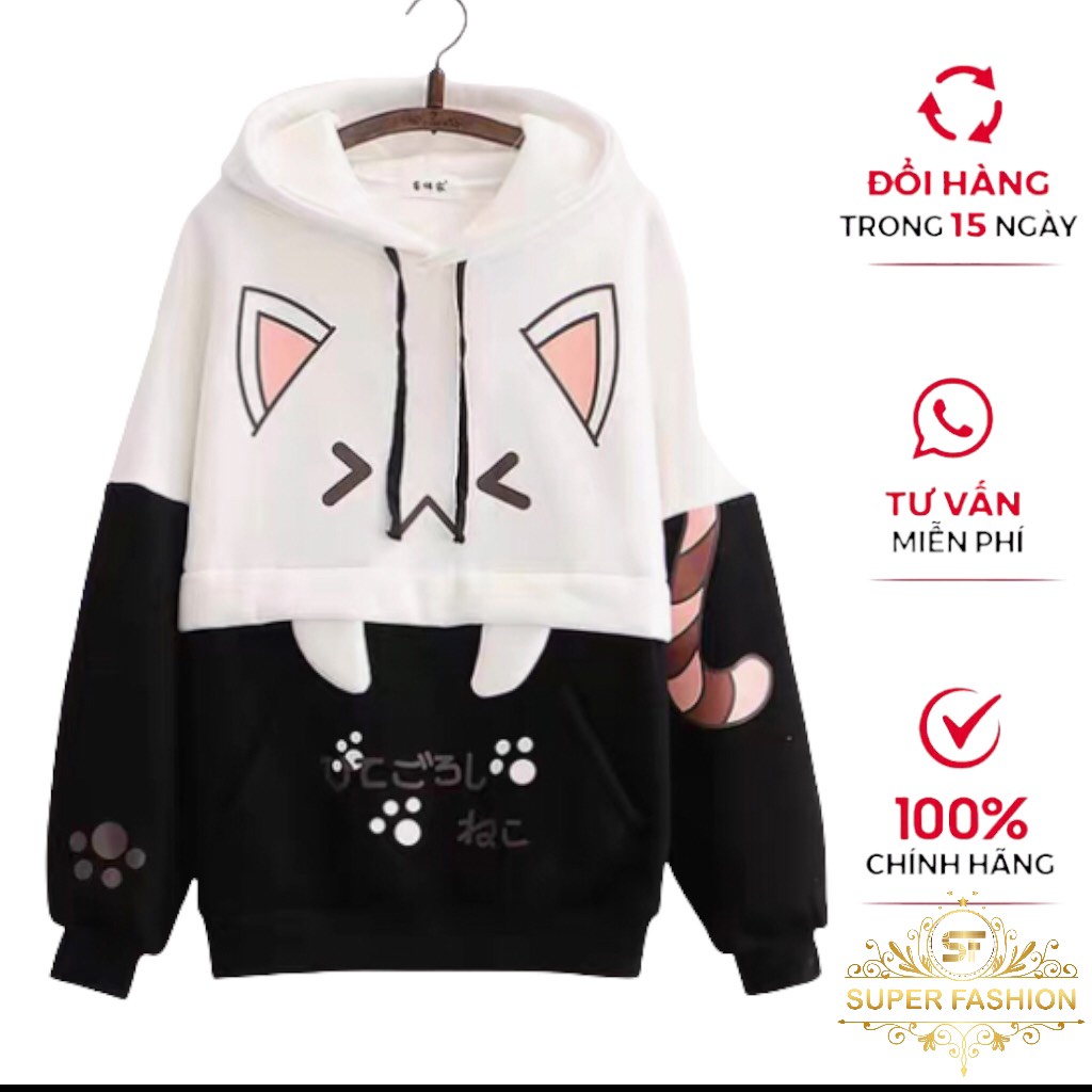 Áo Hoodie Nữ Phối Họa Tiết Mèo Cute [SUPER FASHION]