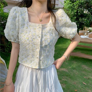 Áo Kiểu Tay Phồng Cổ Vuông Phối Lưới In Hoa Thời Trang Mùa Hè Xinh Xắn Cho Nữ