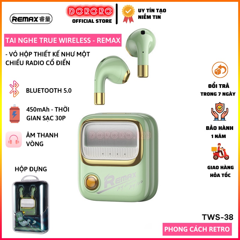 Tai nghe Bluetooth REMAX TWS-38 ,Tai nghe True Wireless Remax TWS-38 phong cách Retro,Bluetooth 5.0 Thiết kế thanh lịch