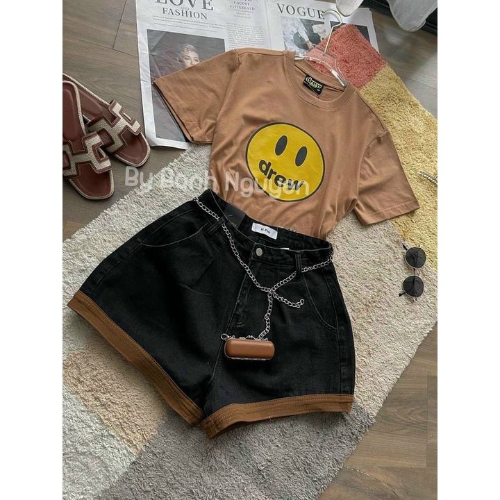 Quần đùi jean nữ denim hot ống xoè viền màu ko kèm nịt nhe