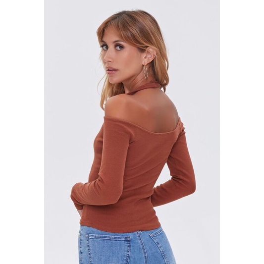 Áo tay dài hở vai Ribbed Open-Shoulder Top F21 hàng XK