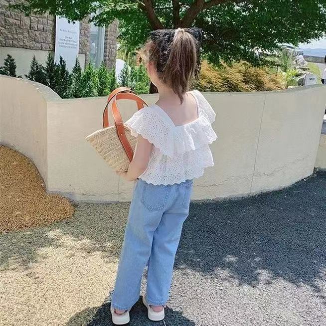 Bộ Áo Sơ Mi Denim Phối Ren + Quần Dài Phong Cách Nhật Hàn Thời Trang Mới 2022 Cho Bé Gái