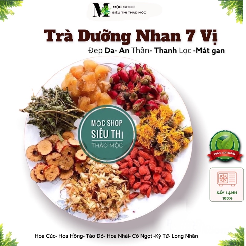 Trà dưỡng nhan 7 vi(Gồm: Hoa cúc, Nụ hồng,Long Nhãn,Kỳ tử,Cỏ Ngọt,Hoa Nhài,Táo đỏ)