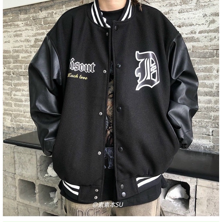 Bomber kaki phối tay da chữ D