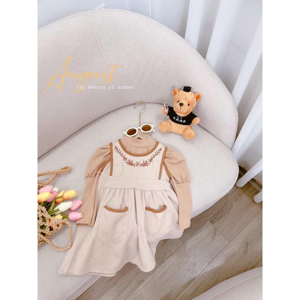 Sét yếm nhung cho bé gái, set váy yếm nhung thêu tỉ mi kèm áo zip tay bồng cho bé