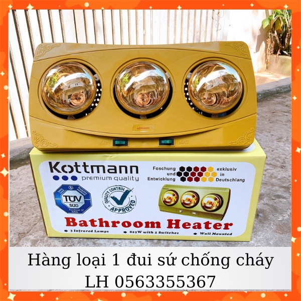 Đèn sưởi nhà tắm 3 bóng giá rẻ bảo hành 12 tháng, Bóng đèn sưởi treo tường đui sứ bóng vàng cao cấp chống cháy