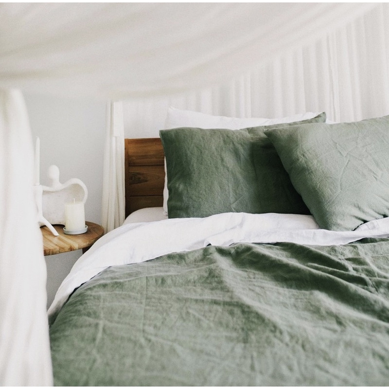 Bộ ga gối linen tưng xanh rêu nhạt