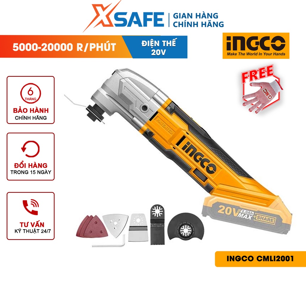 Máy cắt góc đa năng dùng pin Lithium-Ion 20V INGCO CMLI2001 - Kèm nhiều phụ kiện dao cạo, lưỡi cưa, giấy nhám