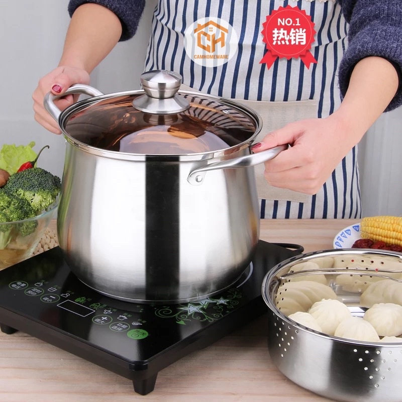 Nồi Inox 304 Sâu Lòng 22cm Chuyên Dùng Nấu Cháo, Súp, Luộc Gà Cam Homeware