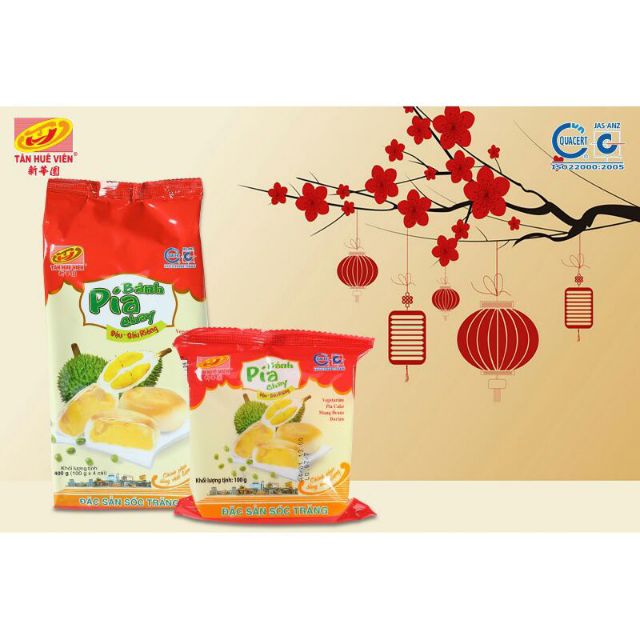 Bánh pía chay Bánh chay nhân đậu xanh sầu riêng Tân Huê Viên hộp 4 bánh gói 400g