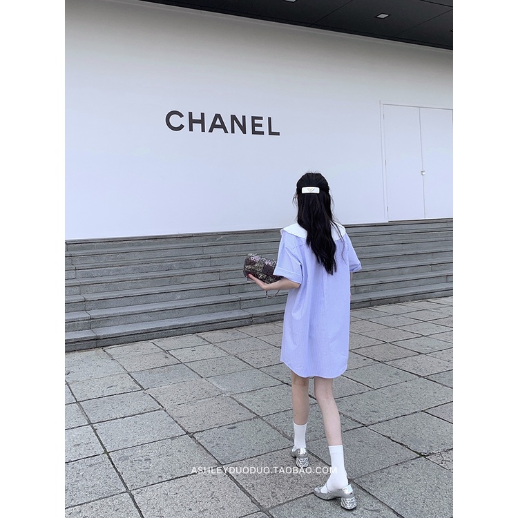 Đầm Sơ Mi Cổ Búp Bê Họa Tiết Kẻ Sọc Thiết Kế Mới Thời Trang Mùa Hè Dành Cho Nữ