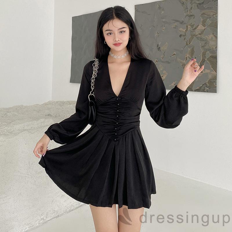 Đầm dài tay cổ chữ V màu sắc thời trang dành cho nữ