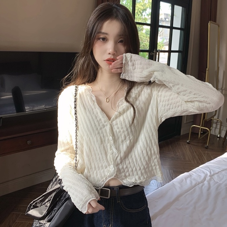 Áo Kiểu Tay Dài Cổ Chữ V Phối Ren 49438 Thời Trang Cho Nữ