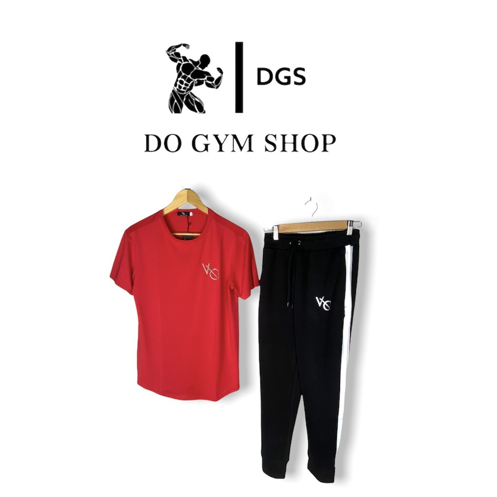 Bộ đồ thun nam thể thao DO GYM SHOP quần kẻ sọc trắng, thun lạnh co giãn 4 chiều thoáng mát