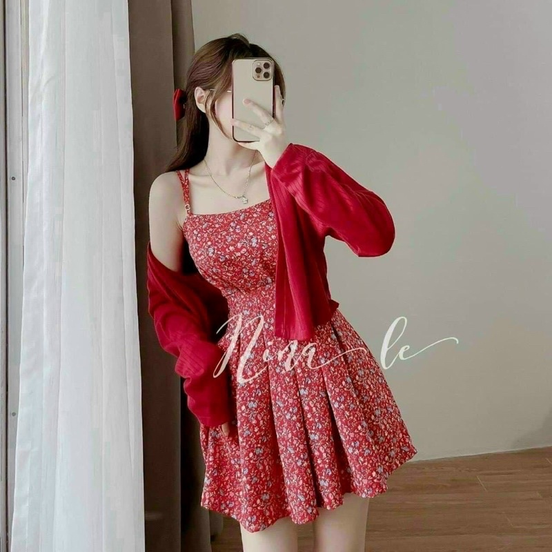 Set đầm hoa xoè 2 dây + áo khoác đỏ Set đầm váy đi chơi dạo phố du lịch đi biển hotgirl tk dễ thương cute dịu dàng