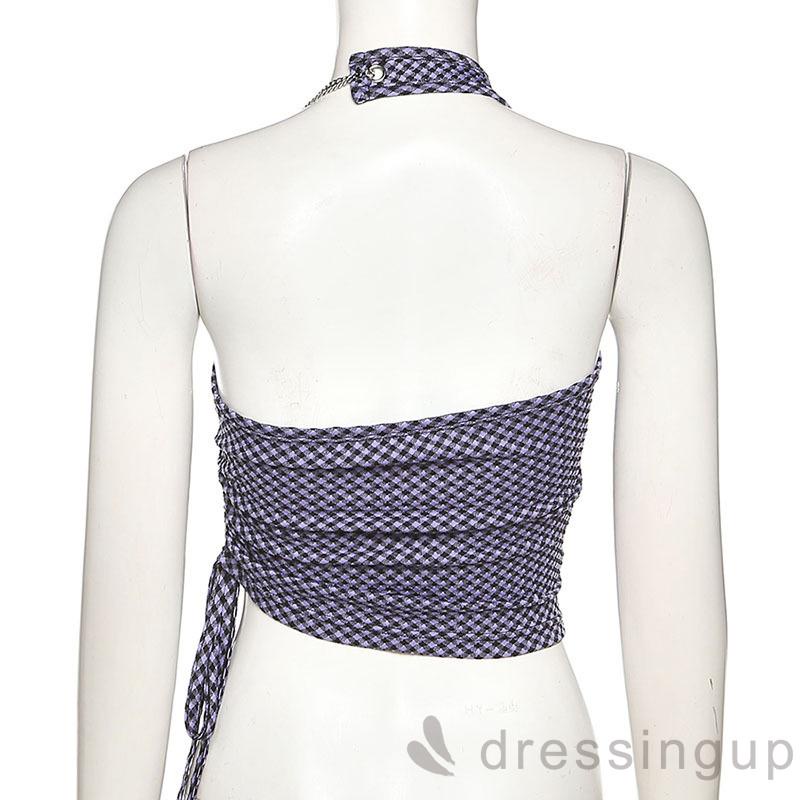 Áo Tank Top Hai Dây Rút In Họa Tiết Sọc Caro Cho Nữ