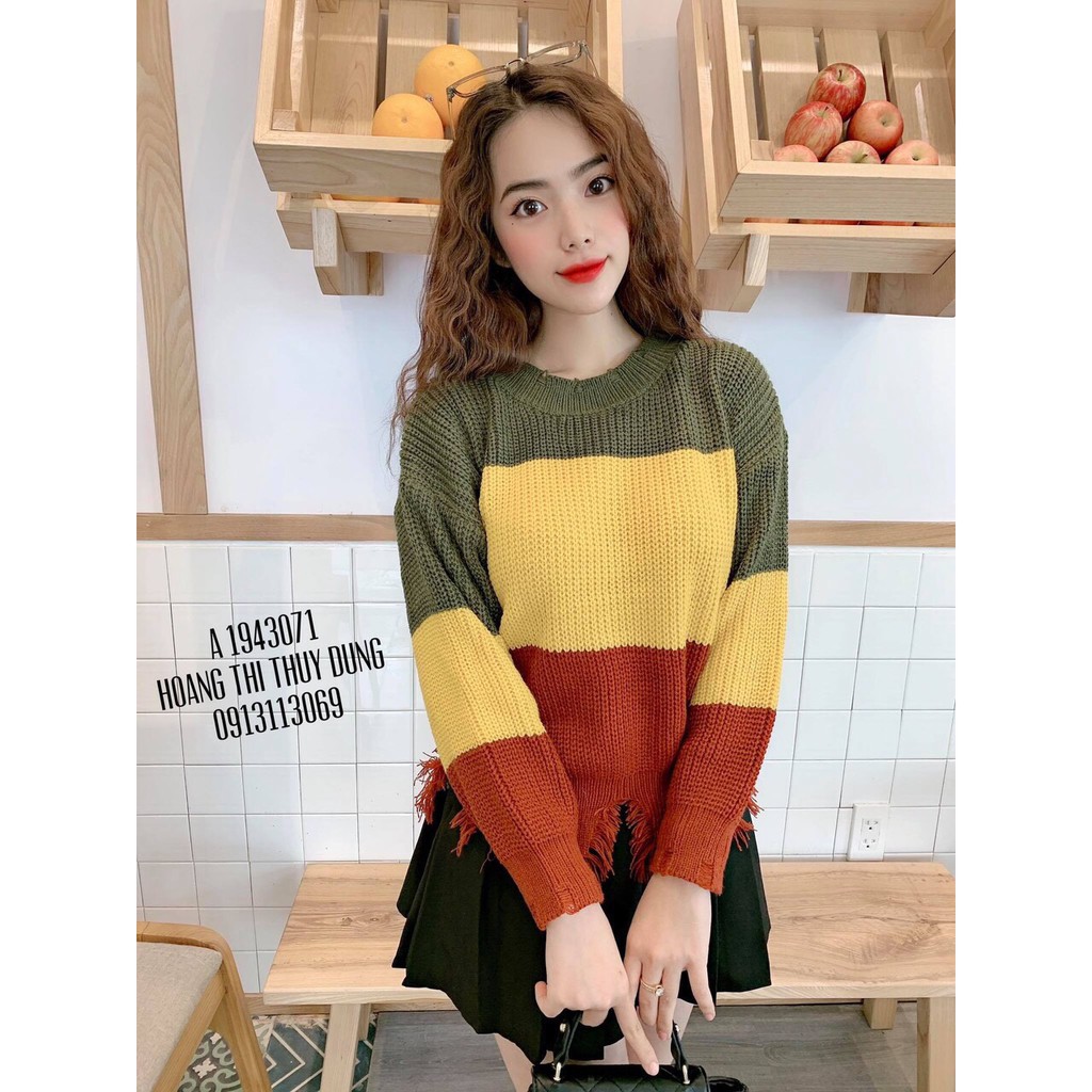 ÁO LEN RÁCH LAI PHỐI 3 MÀU CÁ TÍNH CHO MÙA ĐÔNG CỰC XINH