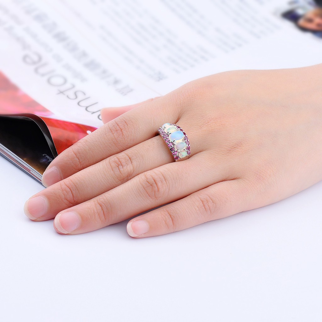 Nhẫn Đính Hôn Bạc 925 Đính Đá Opal Và Rhodolite Thời Trang Cho Nữ