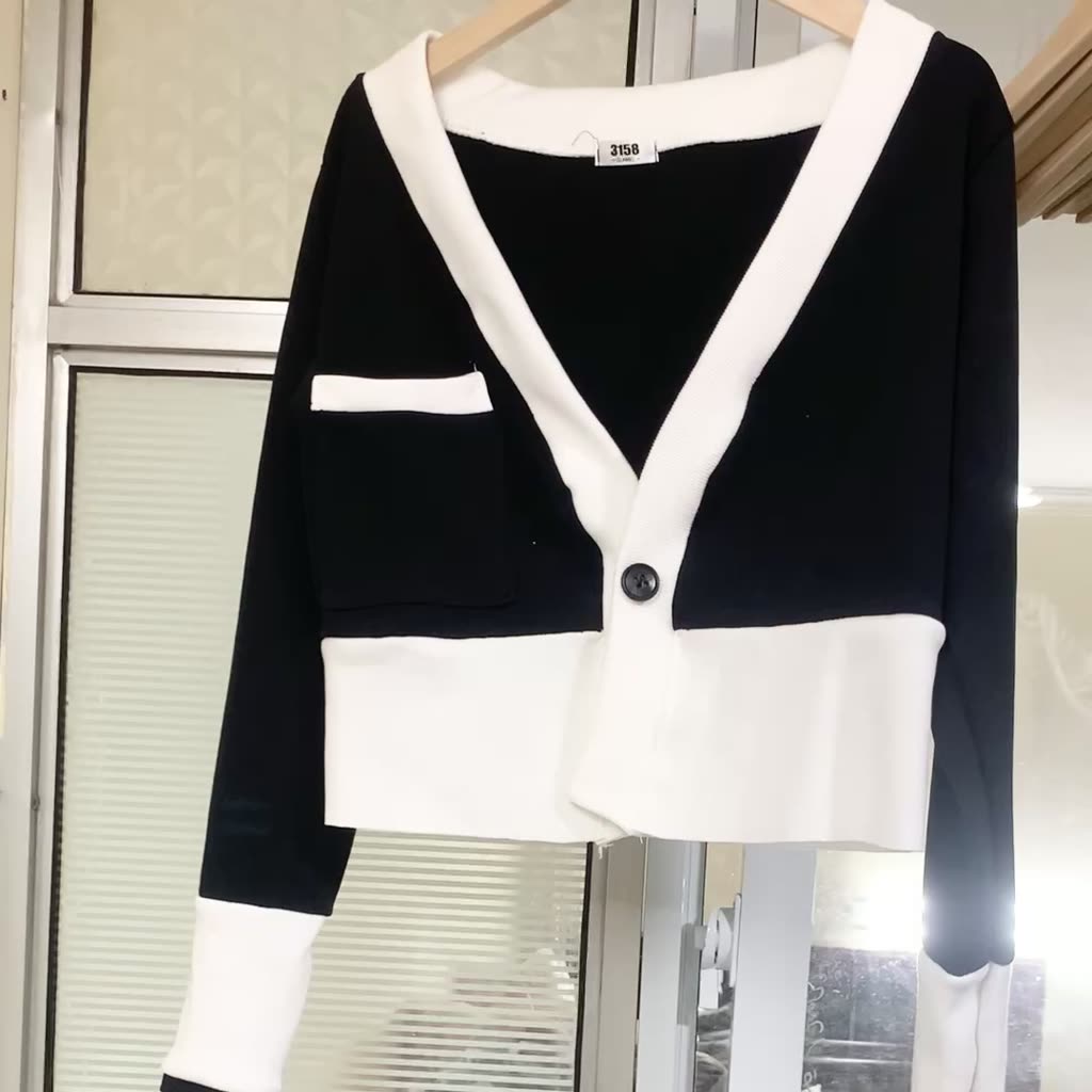 Áo Cardigan Croptop Nữ Khoác Ngoài 1 Cúc Dài Tay Phối Đen Trắng Nữ (cardigan croptop 1 cúc) | BigBuy360 - bigbuy360.vn