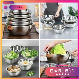 Bộ 5 Thau Rổ Inox Rửa Rau Củ Quả, Thau Trộn Salad Dày Dặn Siêu Tiện Dụng Cho Nhà Bếp